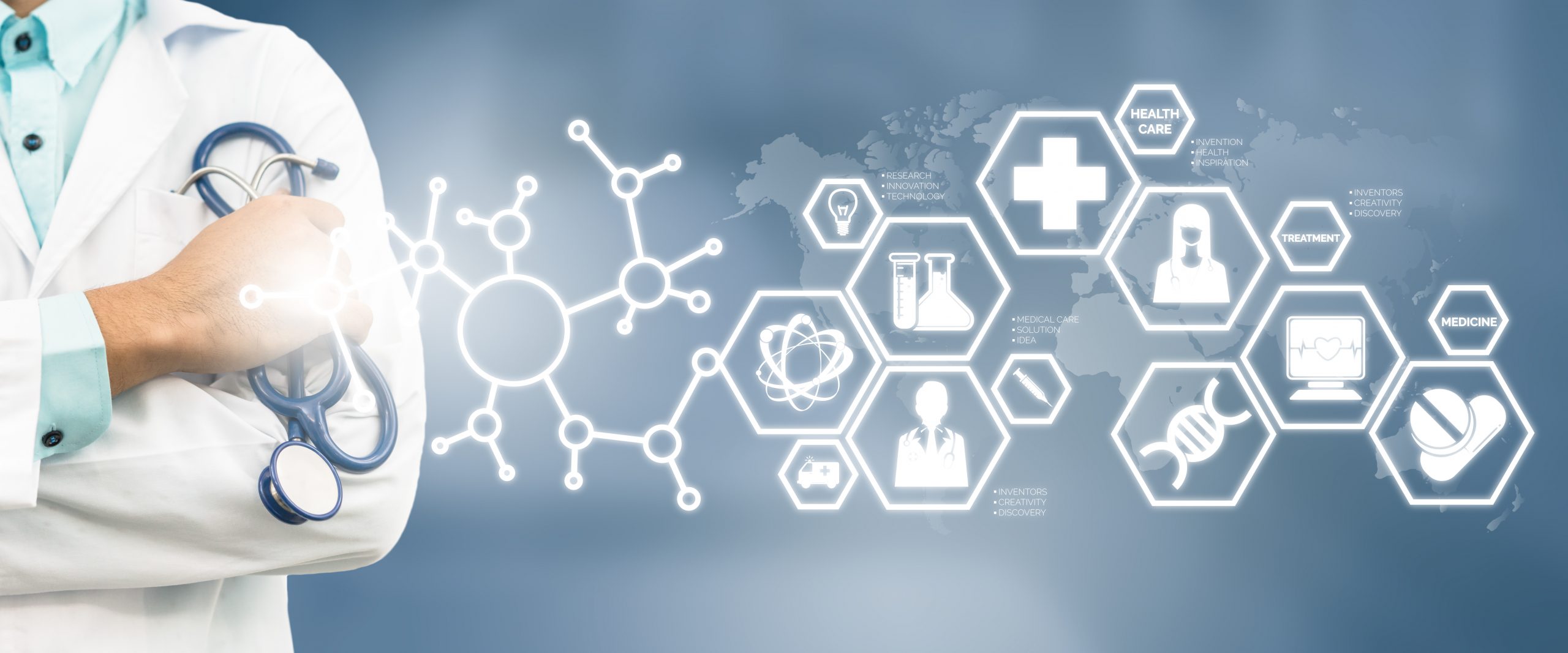 Advanced healthcare technology illustration showing medical professionals using AI-powered solutions